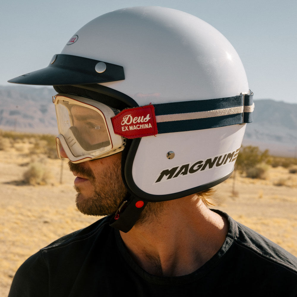 Man in white Magnum helmet